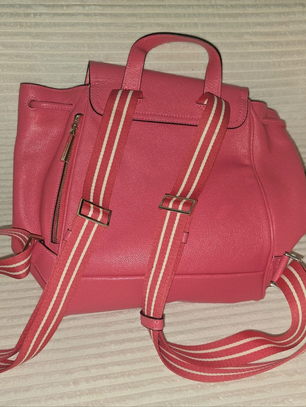 KATE SPADE Pink Leather Rosie Medium Flap Backpack w Keychain Pouch Stripe Strap